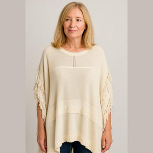 Chico's Black label cream wool blend poncho with Fringe, size S/M, NWOT